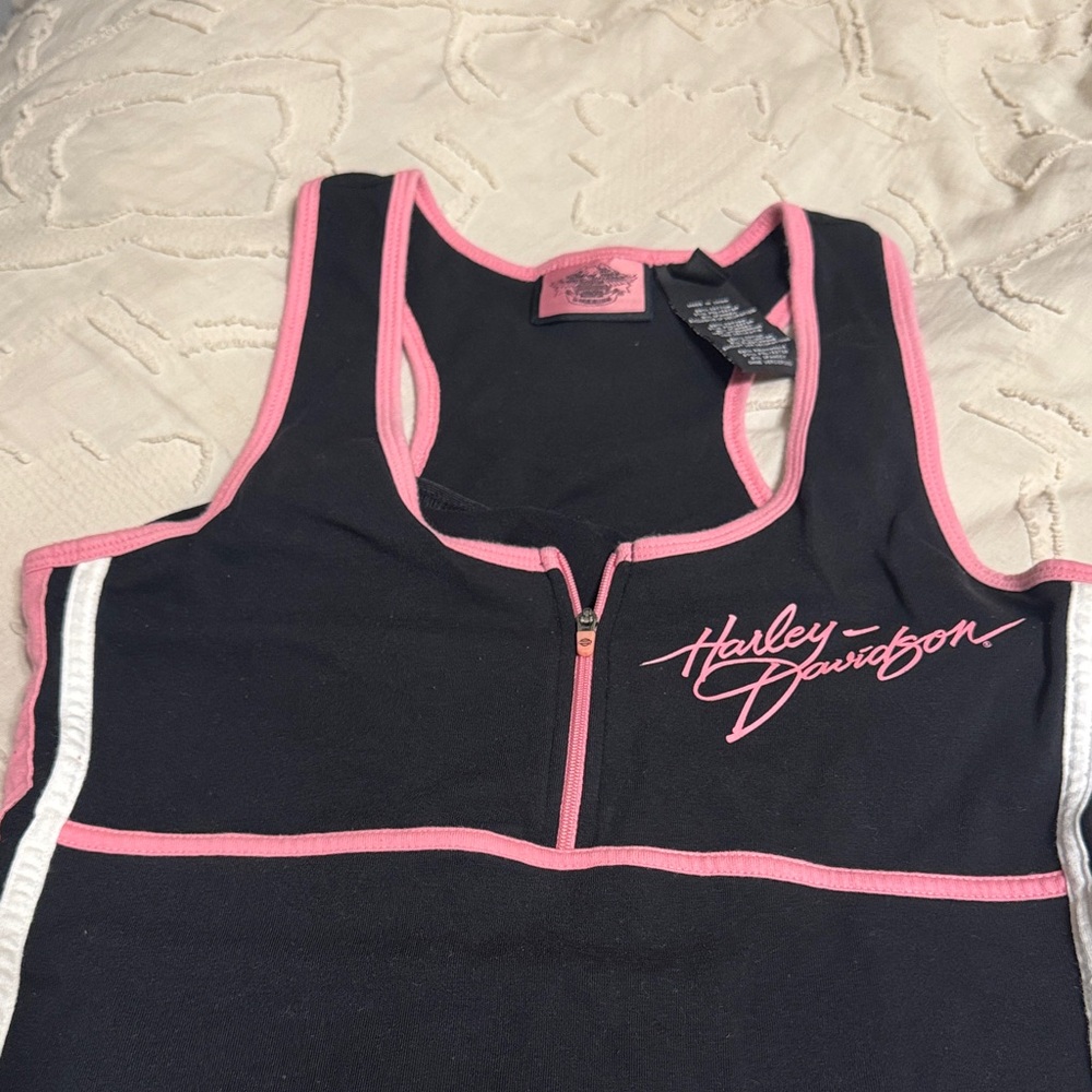 Harley-Davidson Women's  Race Back Black Tank Top with Pink Trim - Picture 2 of 4